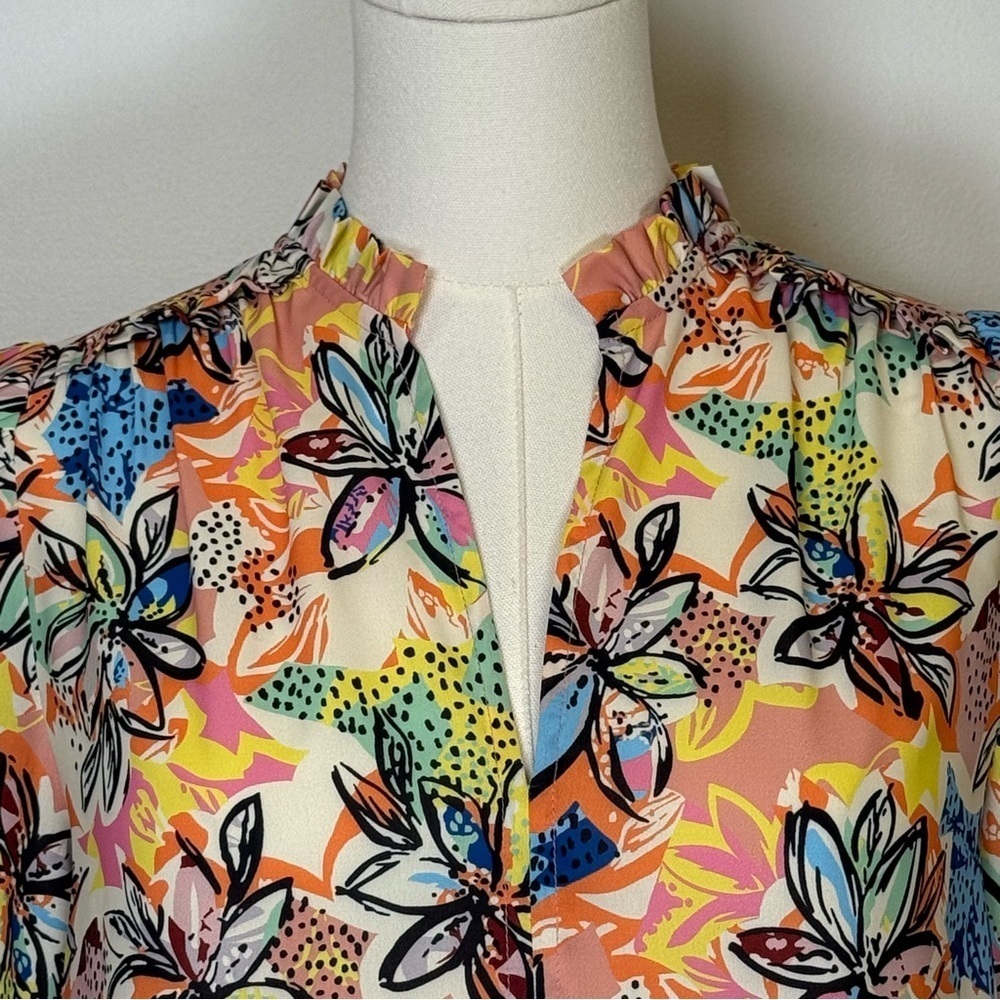 JADE | Melody Tam Colorful Floral 3/4 Sleeve Split Neck Blouse Women’s Size XS - Picture 2 of 10
